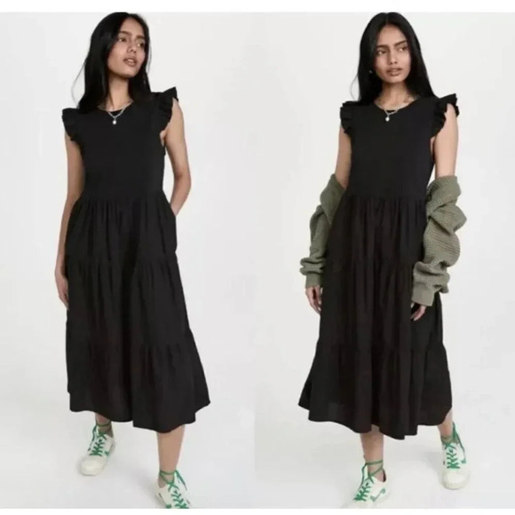 Nation LTD Maxi Dress Sissy Dress Ruffle Sleeves Black Sundress S Small - Picture 1 of 8